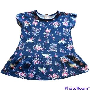 Tea Collection Girls Navy Blue with Pink Tan Floral Peplum Blouse 100% C…